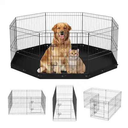 Front. VEVOR - Dog Playpen, 8 Panels Foldable Metal Dog Exercise Pen with Bottom Pad, 24" H Pet Fence Puppy Crate Kennel.