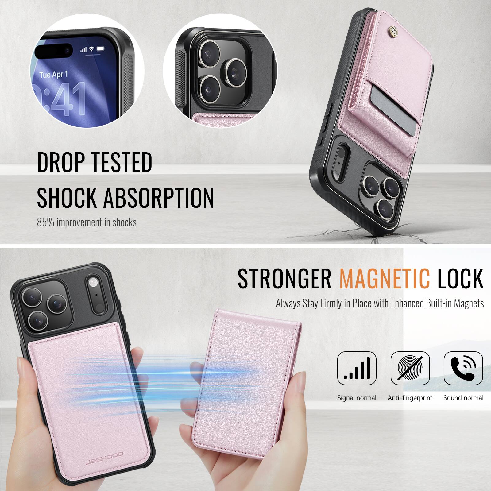 - Tue Apr 1 4:41
- DROP TESTED SHOCK ABSORPTION
- 85% improvement in shocks
- STRONGER MAGNETIC LOCK
- Always Stay Firmly in Place with Enhanced Built-in Magnets
- Signal normal
- Anti-fingerprint
- Sound normal
- JESHOOD