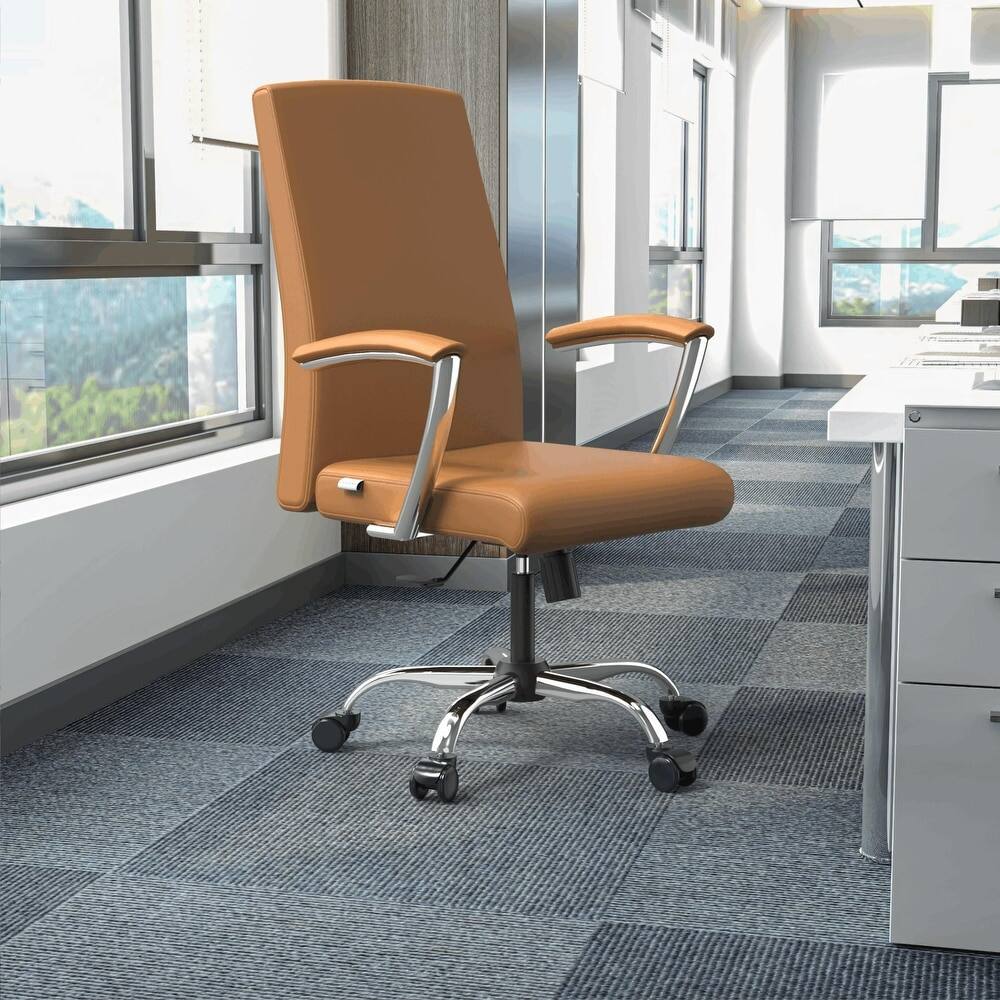 Left. LeisureMod - Evander Adjustable High-Back Office Chair Upholstered Leather Seat with Swivel and Tilt Ergonomic Desk Chair - Acorn Brown.