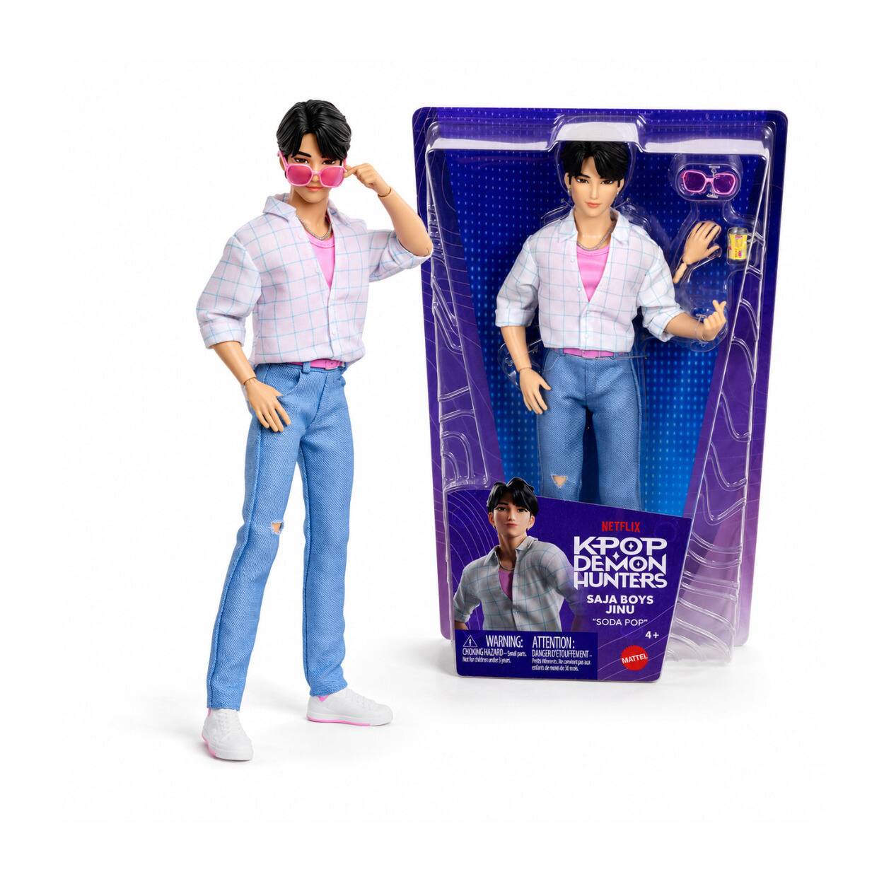 NETFLIX KPOP DEMON HUNTERS SAJA BOYS JINU "SODA POP" 4+  
WARNING: ATTENTION: CHOKING HAZARD-Small parts. Not for children under 3 years.  
Action-biders - Morent u.sques MATTEL elat demonal 2