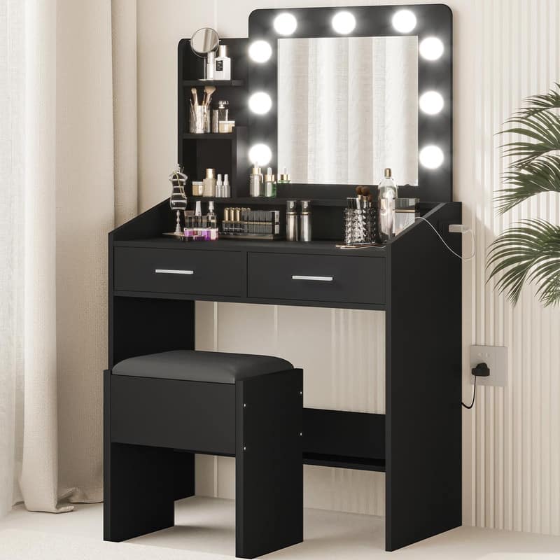 GARVEE - Vanity Desk with Mirror and Lights, Marble Finish Makeup Table, 2 Drawers, Dimmable LED, Stool Included - Black