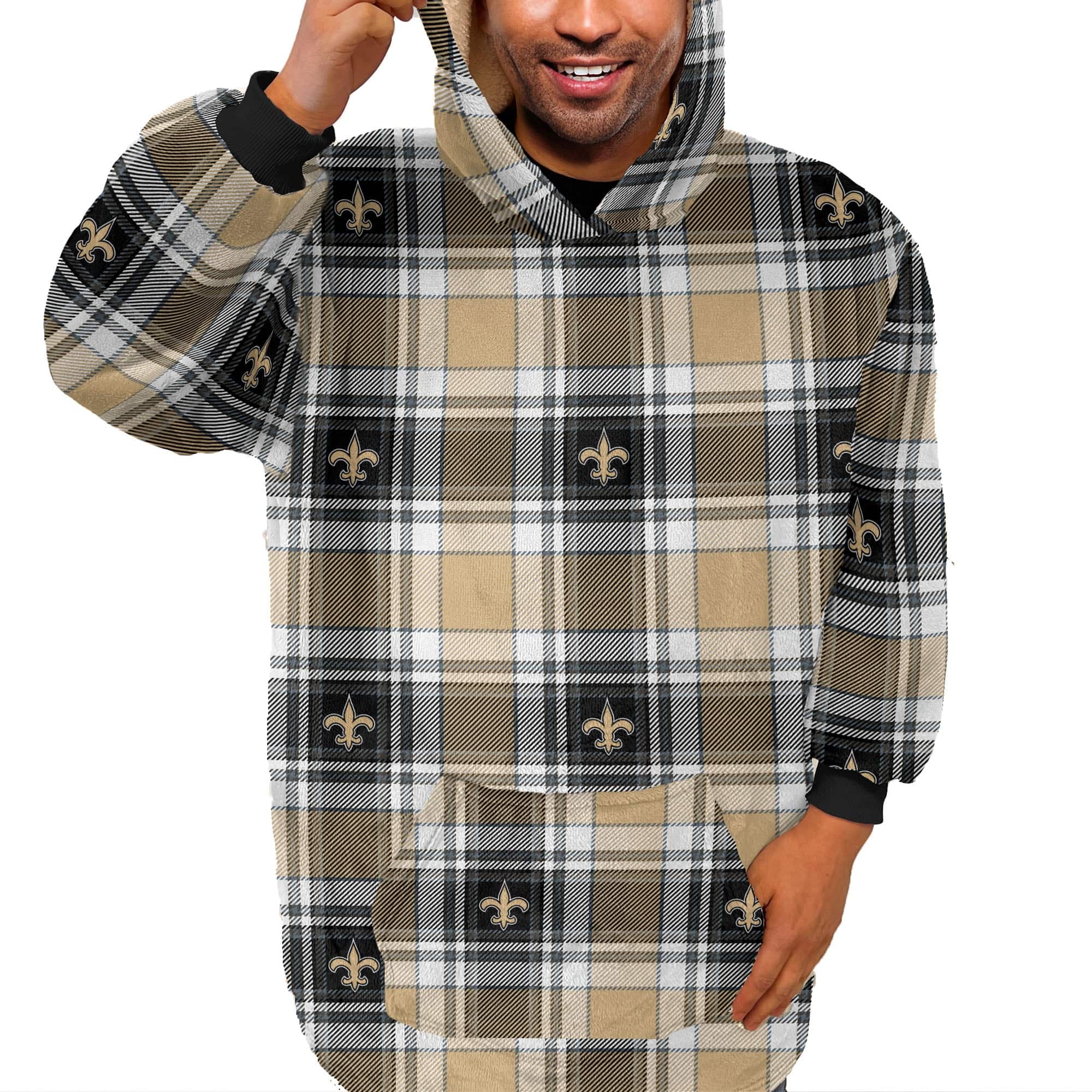 Pegasus - New Orleans Saints Plaid Logo Box Bloncho with Sherpa Inside - Multicolor