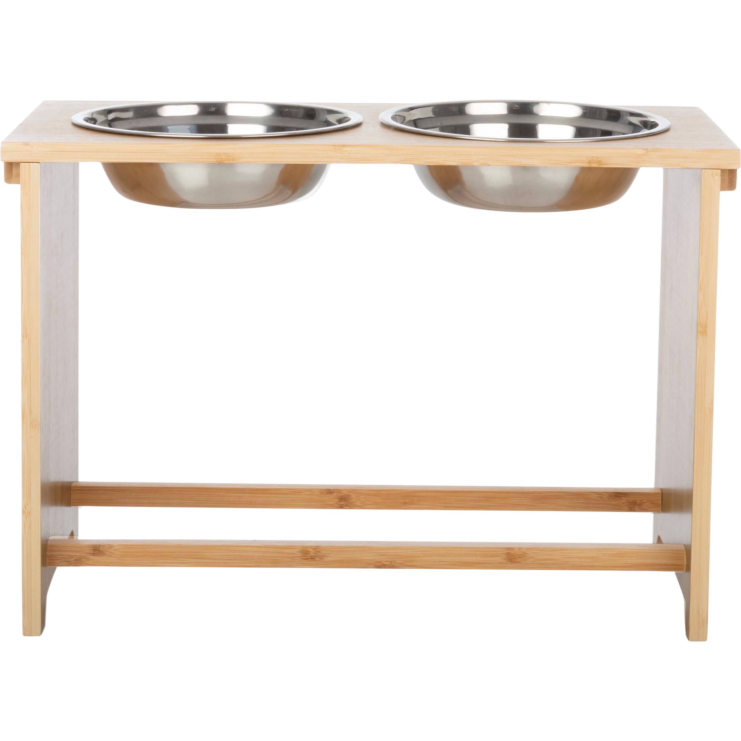 Angle. PetMaker - Elevated Dog Bowls with 15-Inch Tall Bamboo Raised Stand - Natural Wood.