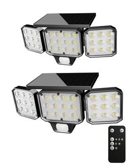 Adewalk - 3 Head Solar Flood Light IP65 Waterproof 270 Degree Motion Sensor Security Light with Remote for Yard Garage 2Pack - Black