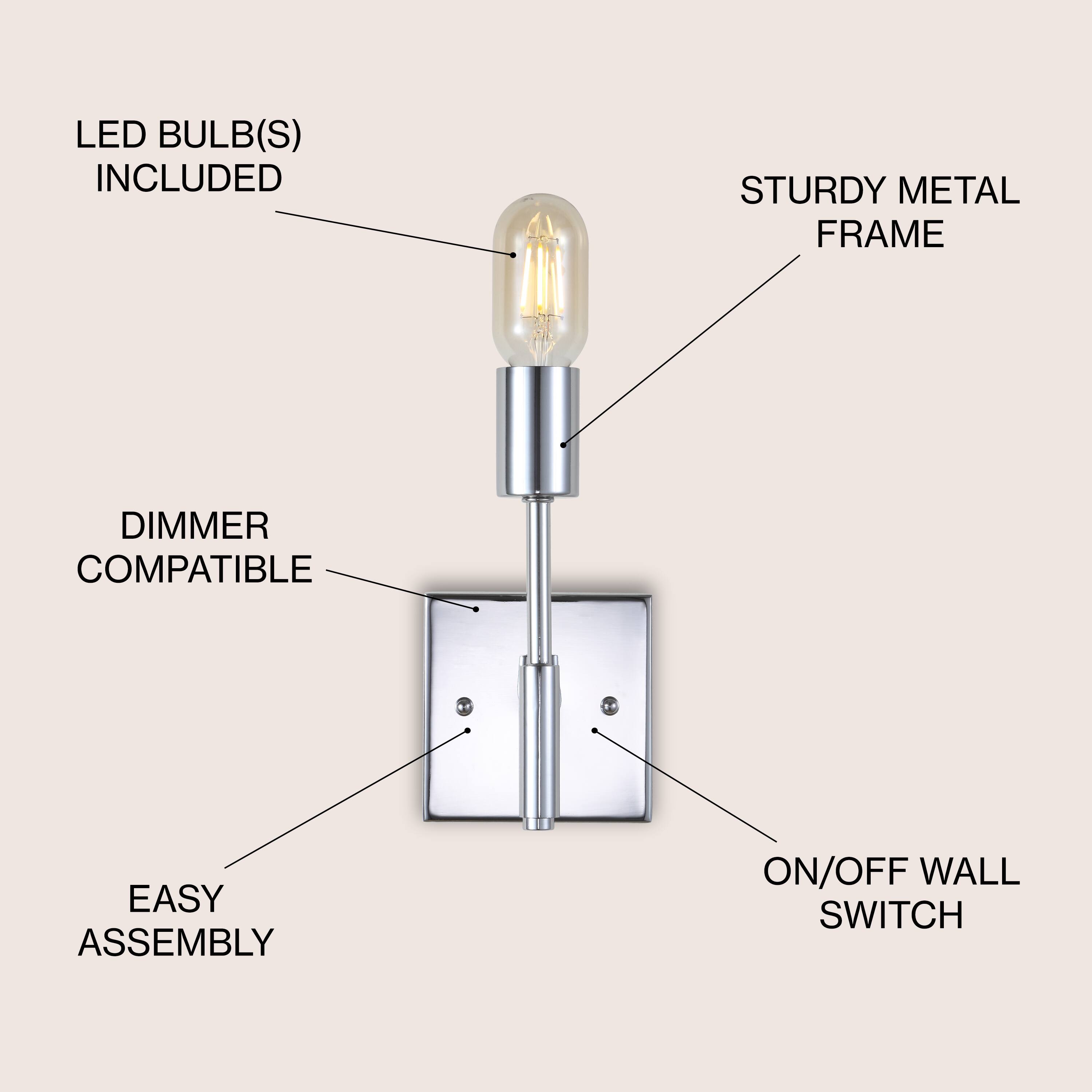 LED BULB(S) INCLUDED  
STURDY METAL FRAME  
DIMMER COMPATIBLE  
EASY ASSEMBLY  
ON/OFF WALL SWITCH