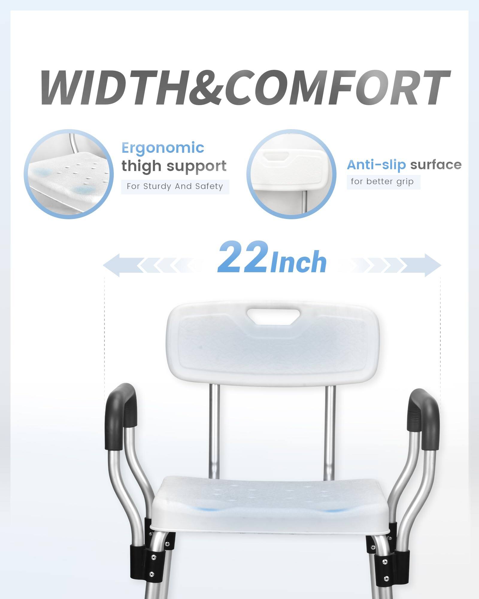 WIDTH & COMFORT

Ergonomic thigh support  
For Sturdy And Safety

Anti-slip surface  
for better grip

22 Inch