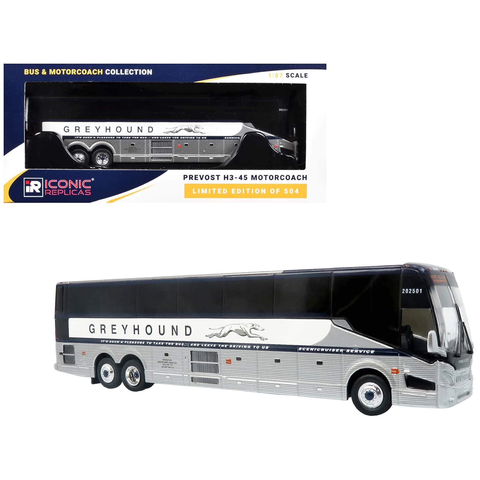 "Prevost H3-45 Coach Bus ""Greyhound Scenicruiser Service"" White and Raw Metal 1/87 (HO) Diecast Model by Iconic Replicas" price history on PriceWatchPro