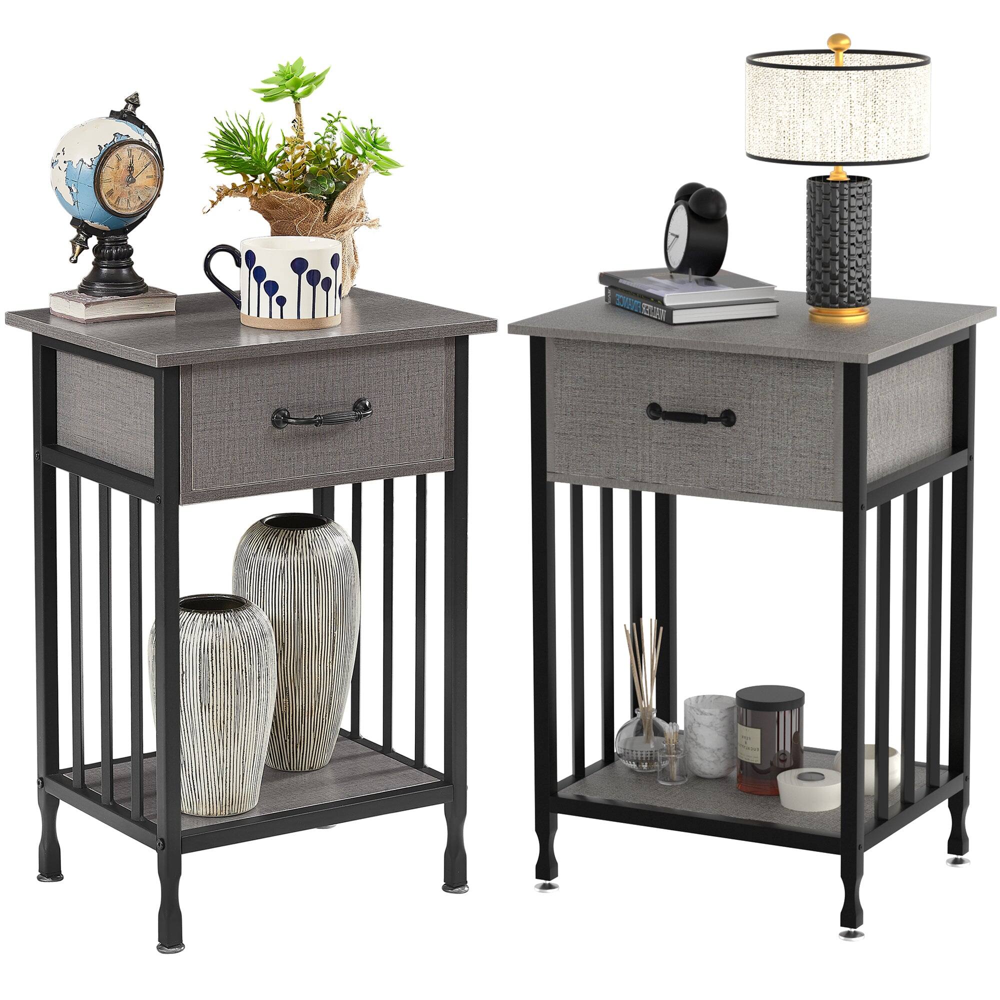 Front. Vecelo - Set of 2 Industrial Nightstand - Bedside Table with Drawer, Compact End Table with Adjustable Feet, Metal Frame - Dark Grey.