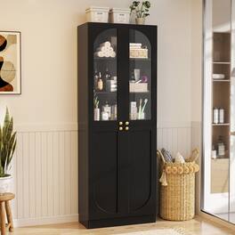 Aheaplus - 80'' Tall Bathroom Storage Cabinet, 6-Tier Linen Cabinet with Glass Doors and Adjustable Shelves - Black