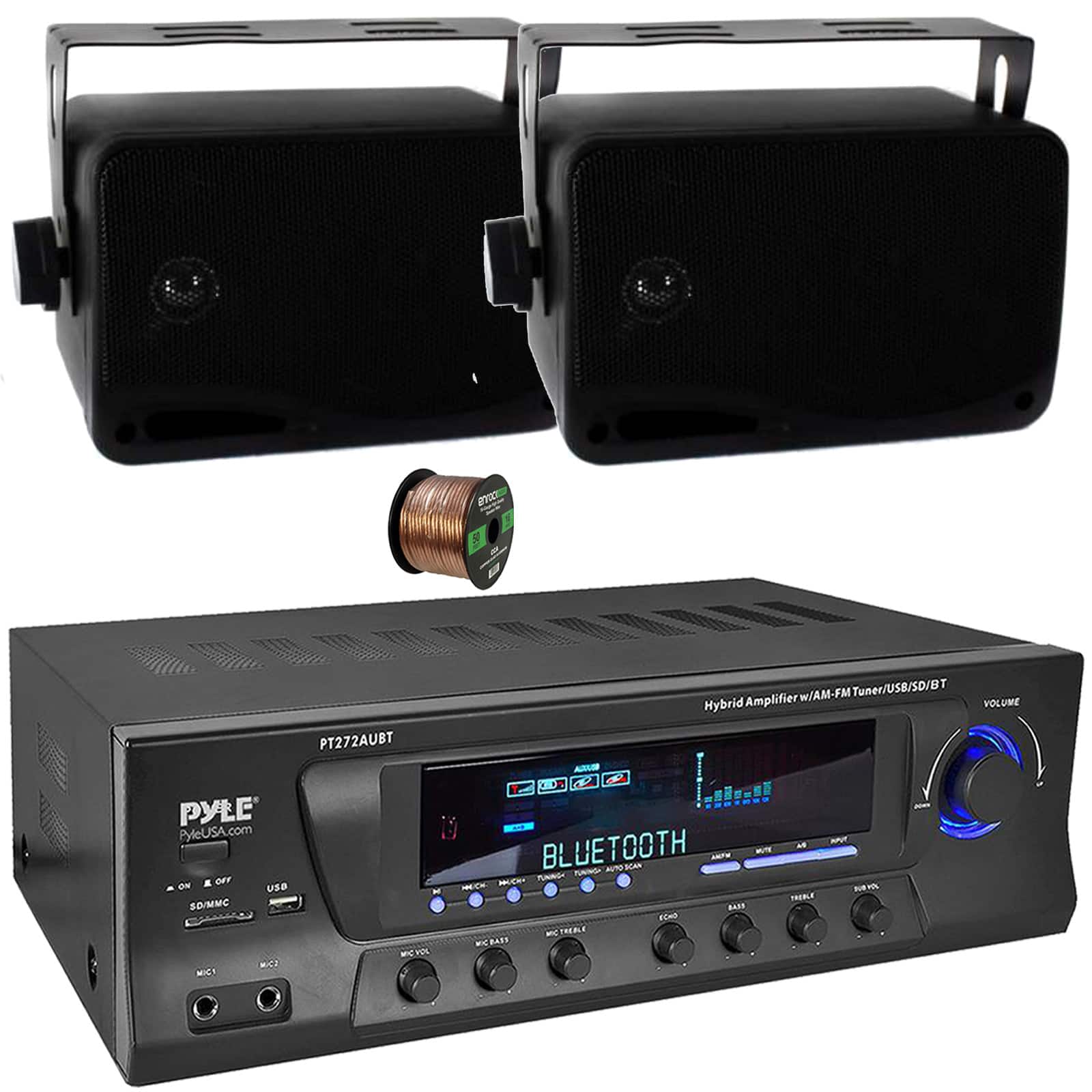 Pyle - PT272AUBT 300 Watt Bluetooth Home Theater Amplifier Receiver, 2x 3.5'' 200W 3-Way Indoor/Outdoor Speakers w/Wire