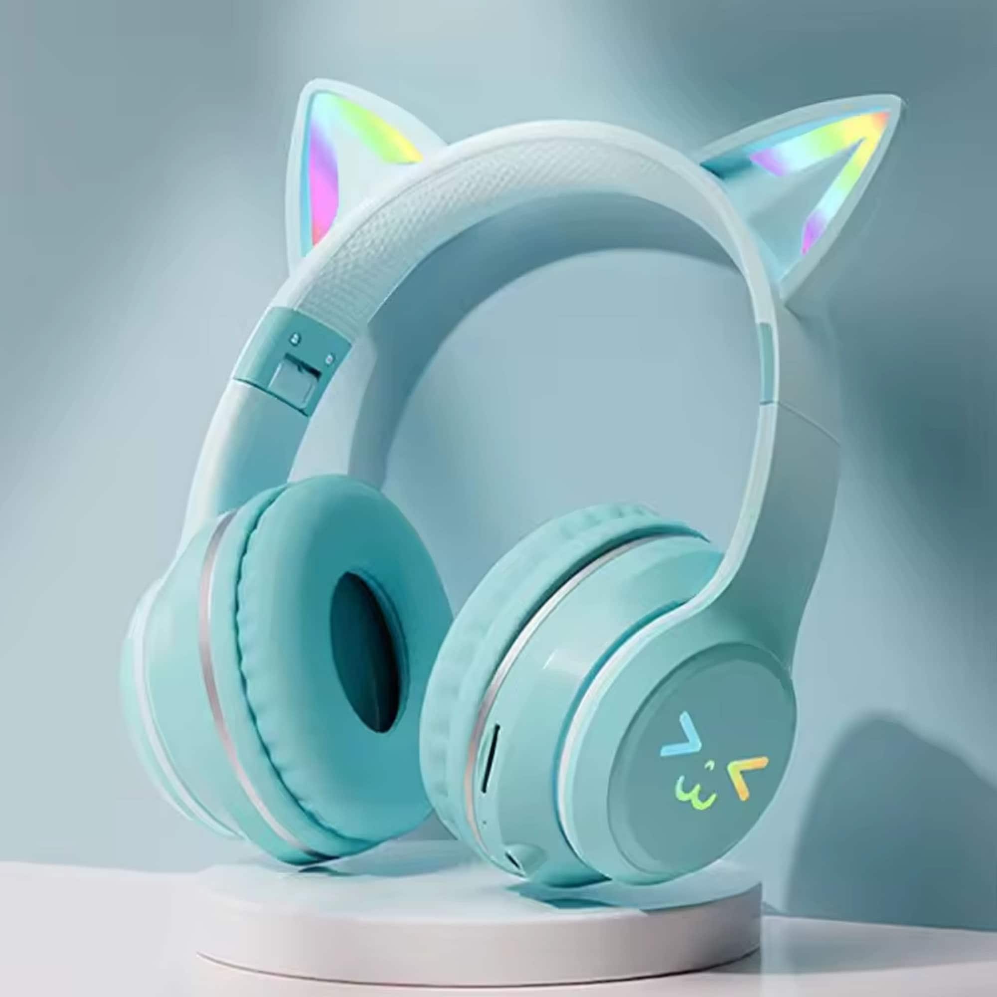 YONWAY - Cute Cat Ear Bluetooth Headsets, LED Light Up Over Ear Headphones, Foldable Wireless Earphones for iPhone, iPad, Laptop