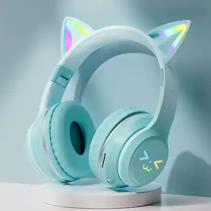 Front. YONWAY - Cute Cat Ear Bluetooth Headsets, LED Light Up Over Ear Headphones, Foldable Wireless Earphones for iPhone, iPad, Laptop.