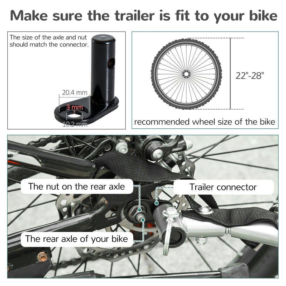 Make sure the trailer is fit to your bike

The size of the axle and nut should match the connector.

- 20.4 mm
- 3 mm
- 10.2 mm

recommended wheel size of the bike

22"-28"

The nut on the rear axle

The rear axle of your bike

Trailer connector