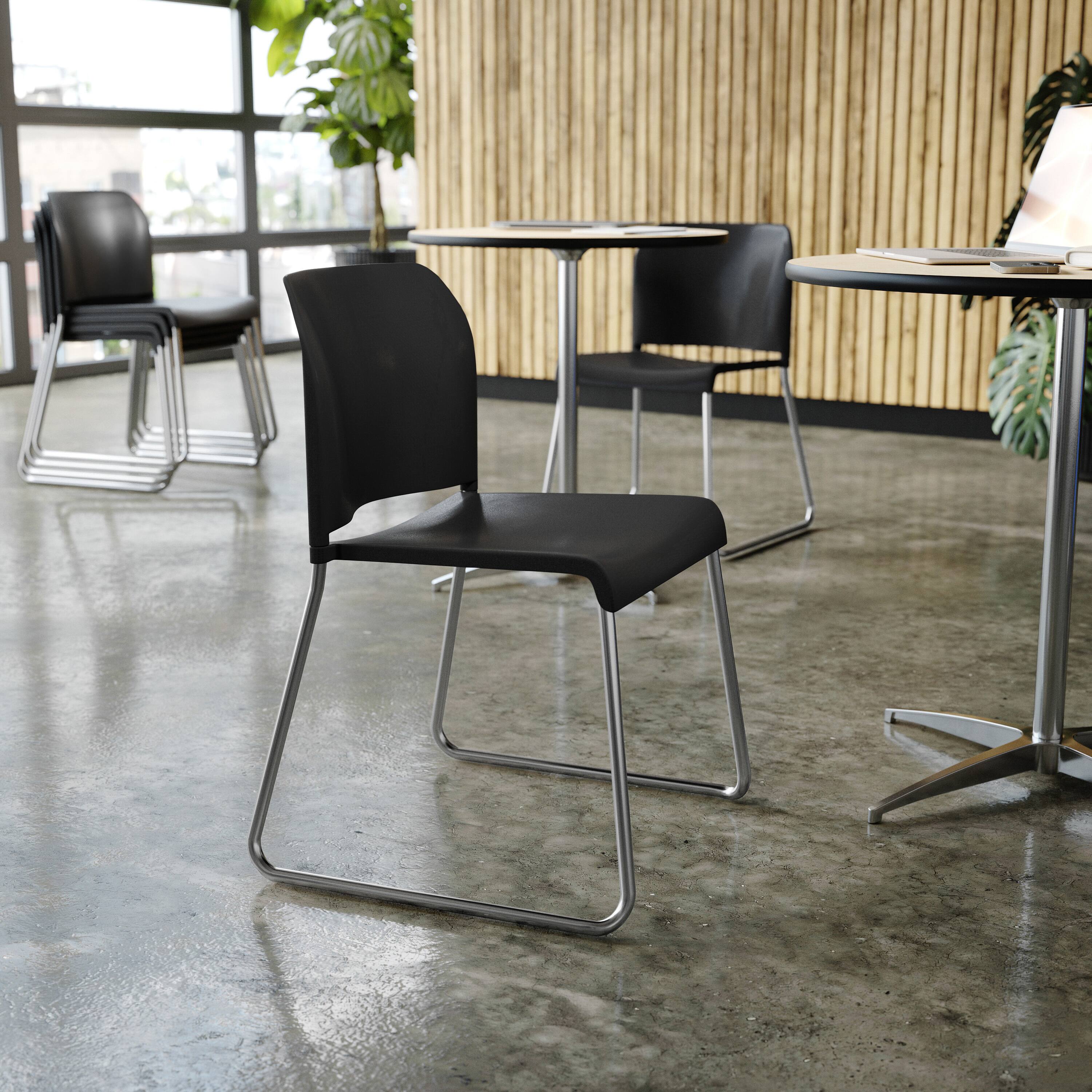 Alt View 4. Emma + Oliver - Calliope Stackable Office Reception Chair with Contoured Backrest and Chrome Sled Base - Black Plastic/Chrome Frame.