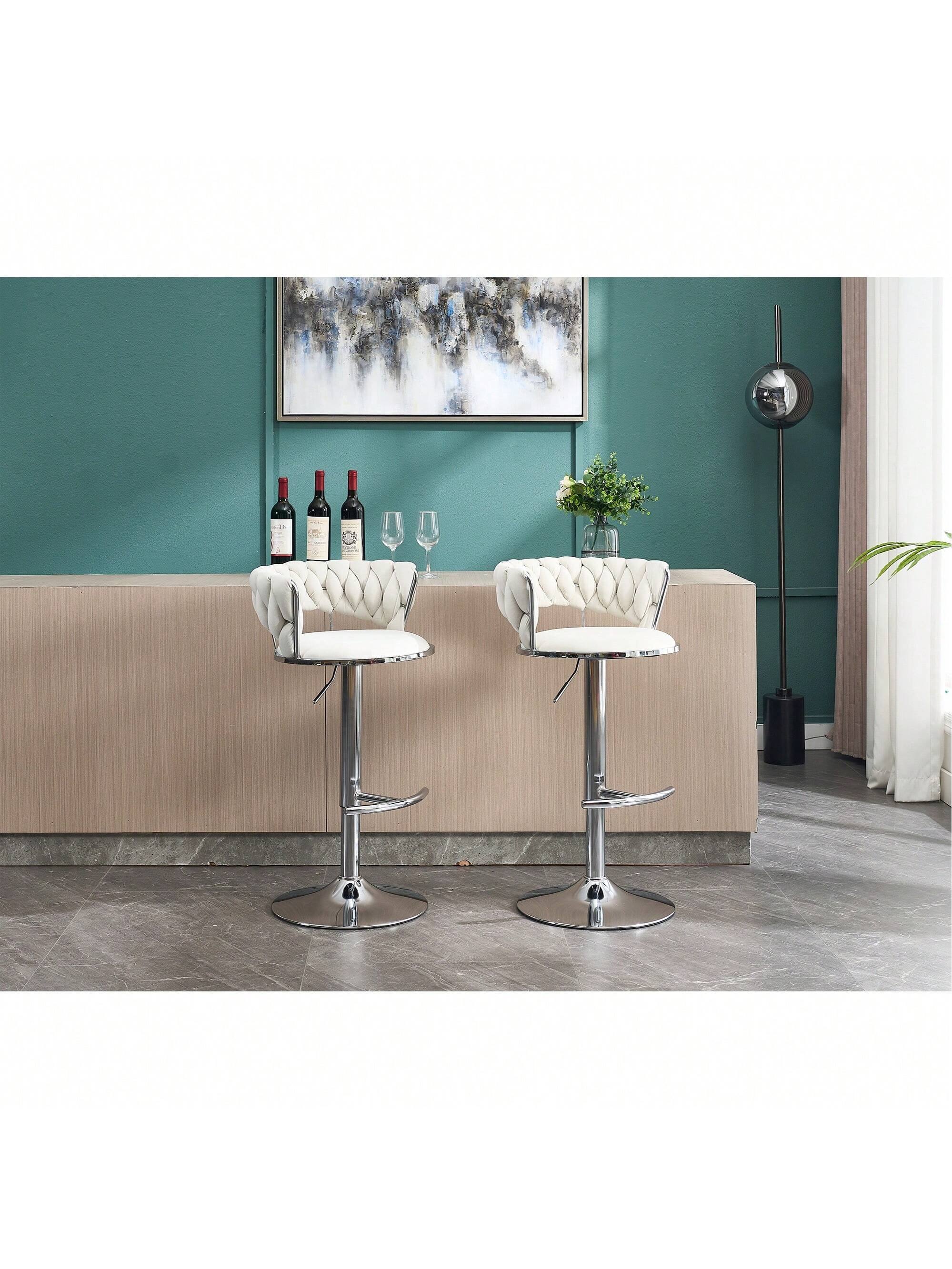 Back. Trinkets Crazed - Velvet Bar Stools Set Of 2, Modern Swivel Barstools With Woven Backrest, Adjustable Counter Stools - Cream.