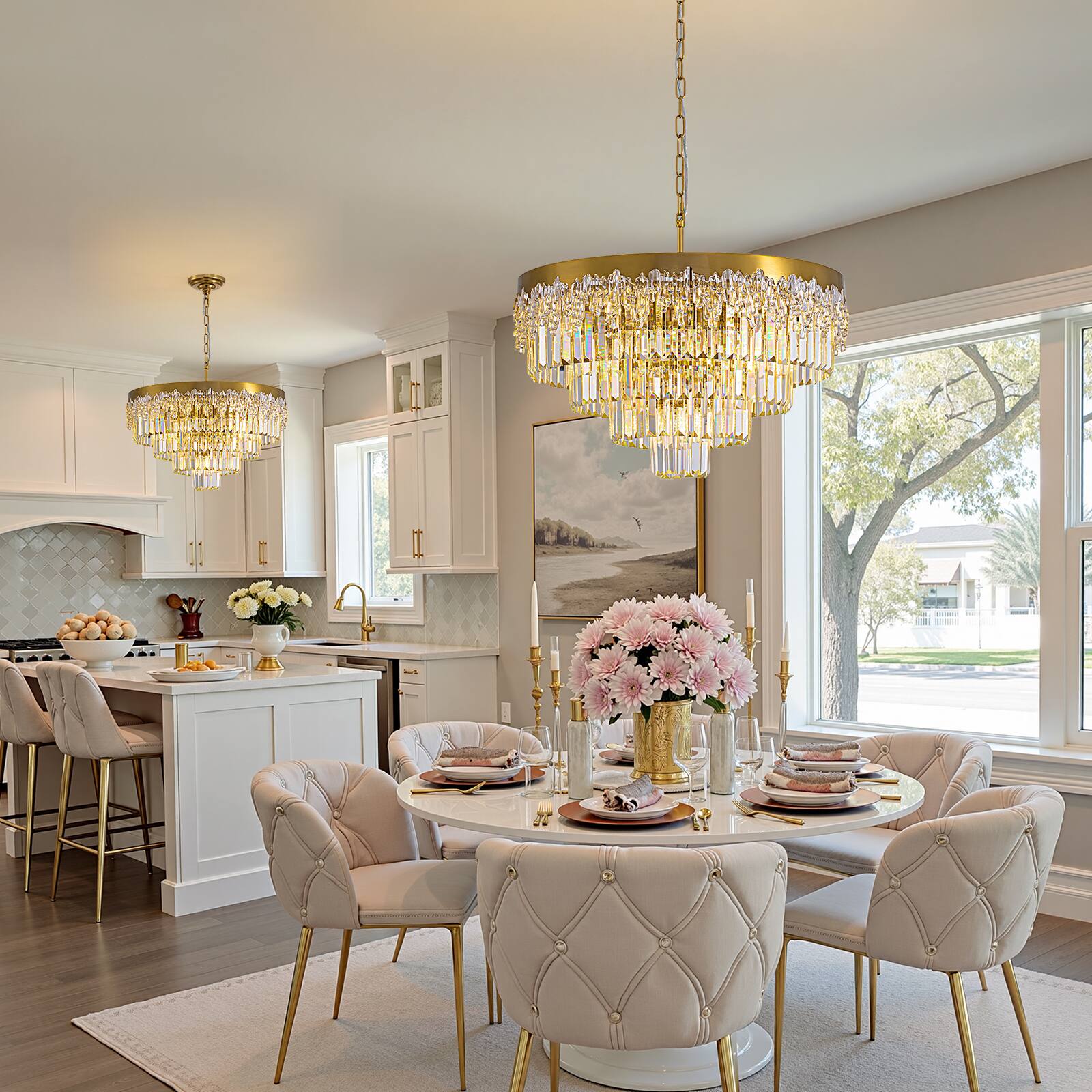Left. Siljoy - 24 Inch Modern Tiered Crystal Chandelier, Glacier Textured Round Gold Pendant Light for Dining Room Living Room Foyer - GOLD.