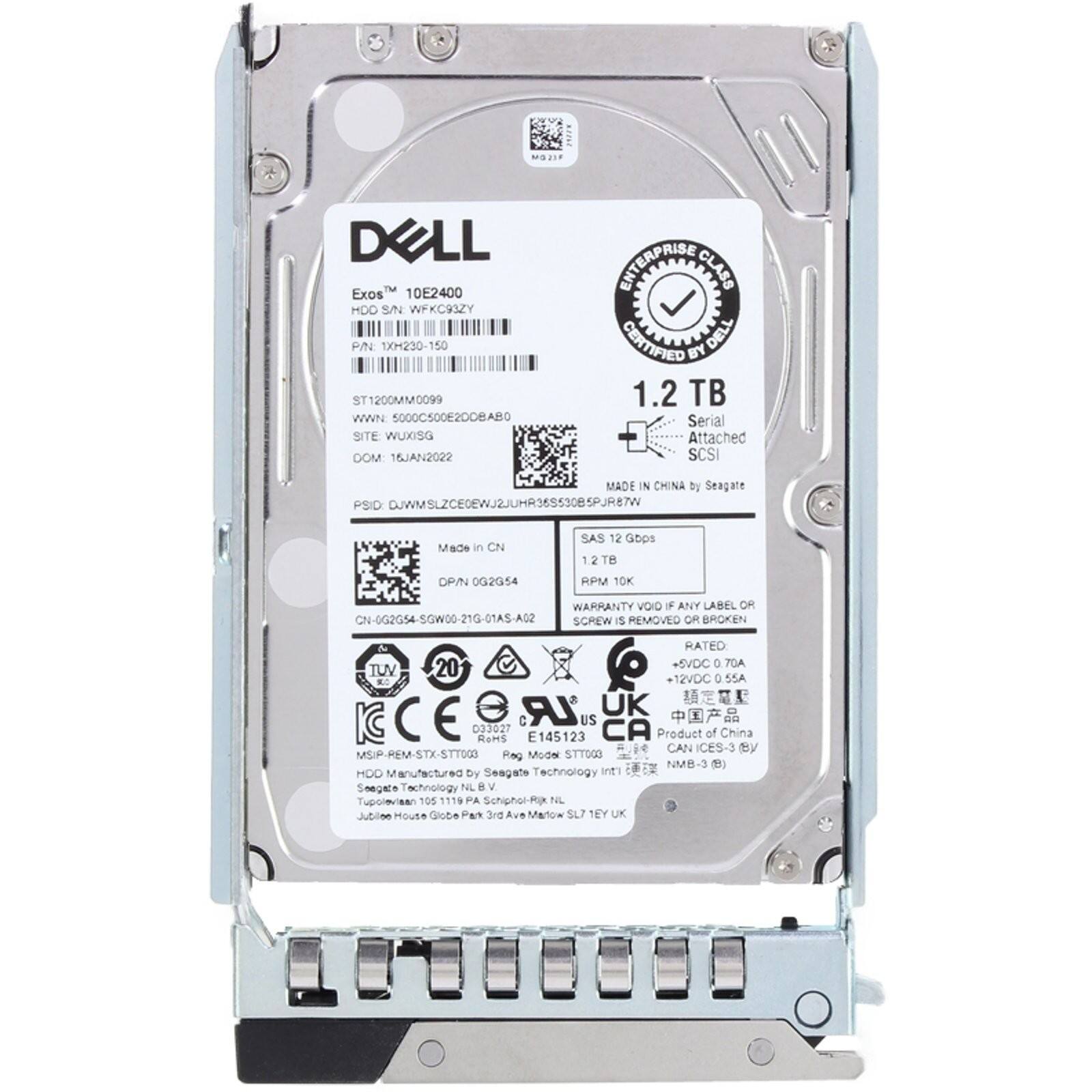 MOJ DELL ~ Exos 10E2400  
MDO S/N WFKC93ZY  
P/N 1X230-150  
ST1200MM0099  
WWN 000C500E200BABO  
SITE WUXISG  
DOM 16JAN2022  
ENTERPRISE CLASS CERTIFIED BY DELL  
1.2 TB Serial Attached SCSI  
MADE IN CHINA by Seagate  
PSID DJWMSLZCEOEWJQJUMR36S53085PJR87W  
SAS 12 Gbps  
12 RPM 10K  
WARRANTY VOID IF ANY LABEL OR SCREW IS REMOVED OR BROKEN  
RATED +5VDC 0.70A  
+12VDC 0.55A  
TUV 20  
E: +12VDC 55A  
LR UK  
IC CE D33027  
RAMS E145123  
US CA  
Product of China  
CAN ICES-3  
By MSIP-