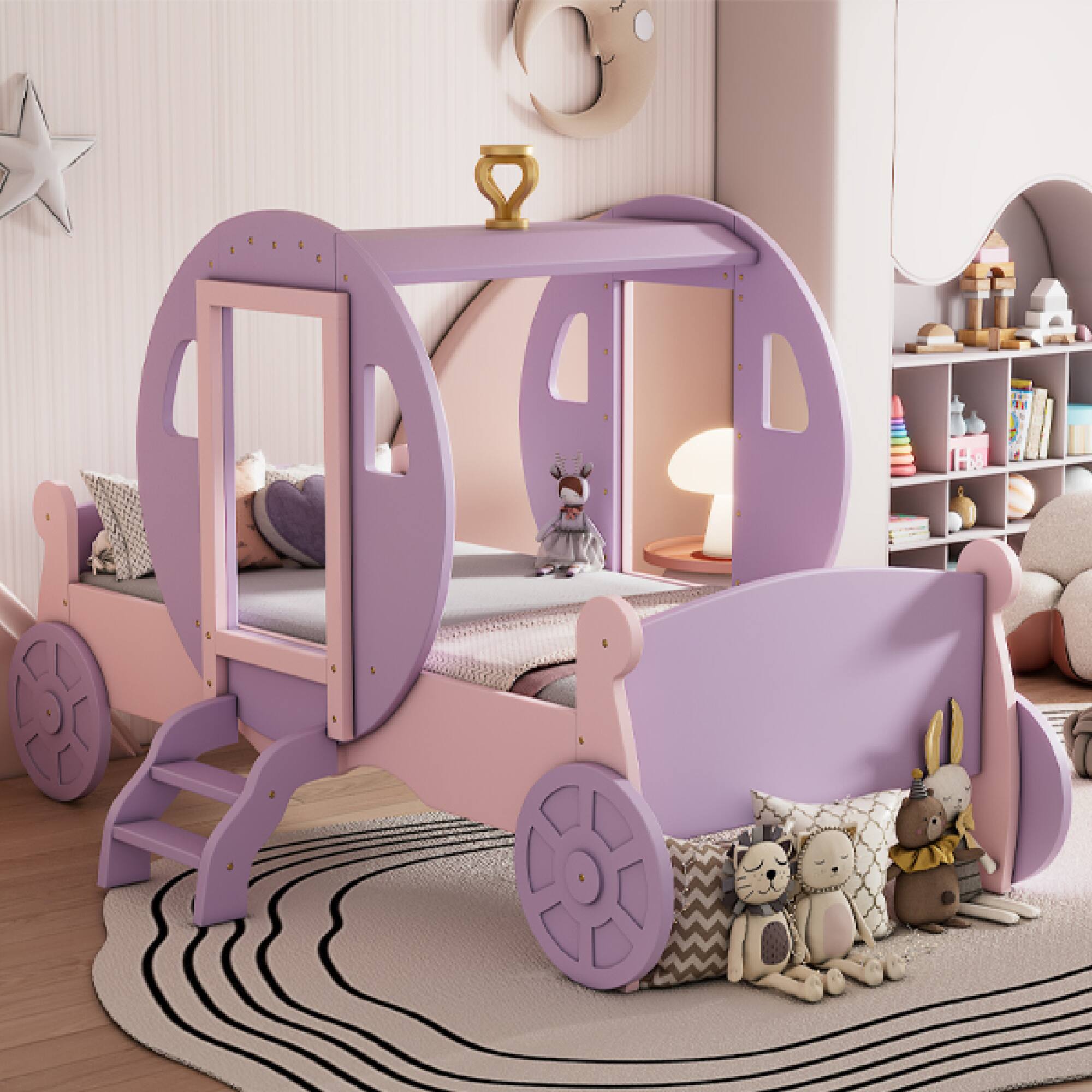 Alt View 10. GOODSILO - Twin Size Princess Carriage Bed with Crown and Wood Platform Design Including Staircase - Pink.
