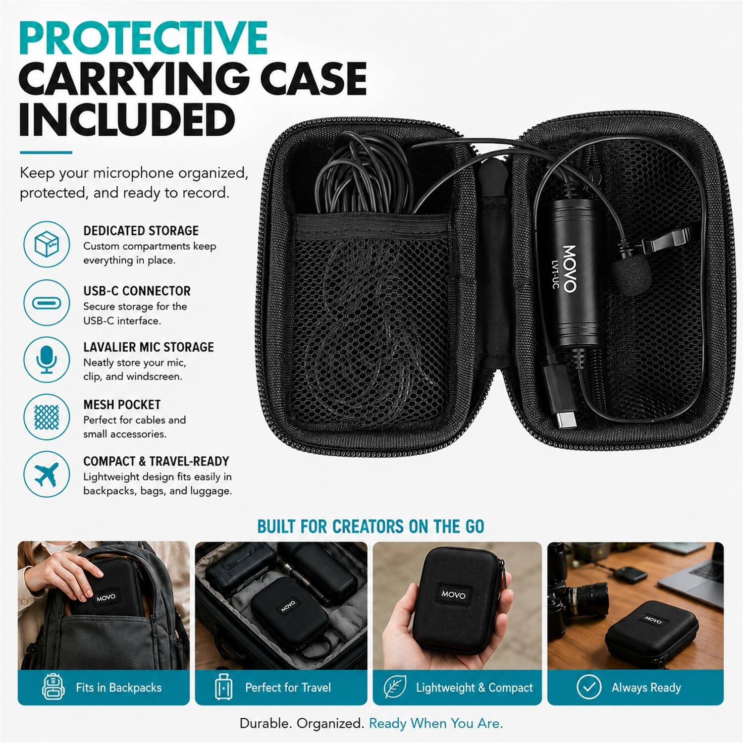 PROTECTIVE CARRYING CASE INCLUDED

Keep your microphone organized, protected, and ready to record.

- DEDICATED STORAGE
  Custom compartments keep everything in place.

- USB-C CONNECTOR
  Secure storage for the USB-C interface.

- LAVALIER MIC STORAGE
  Neatly store your mic, clip, and windscreen.

- MESH POCKET
  Perfect for cables and small accessories.

- COMPACT & TRAVEL-READY
  Lightweight design fits easily in backpacks, bags, and luggage.

BUILT FOR CREATORS ON THE GO

- Fits in Backpacks
- Perfect for Travel
- Lightweight & Compact
- Always Ready

Durable. Organized. Ready When You Are.