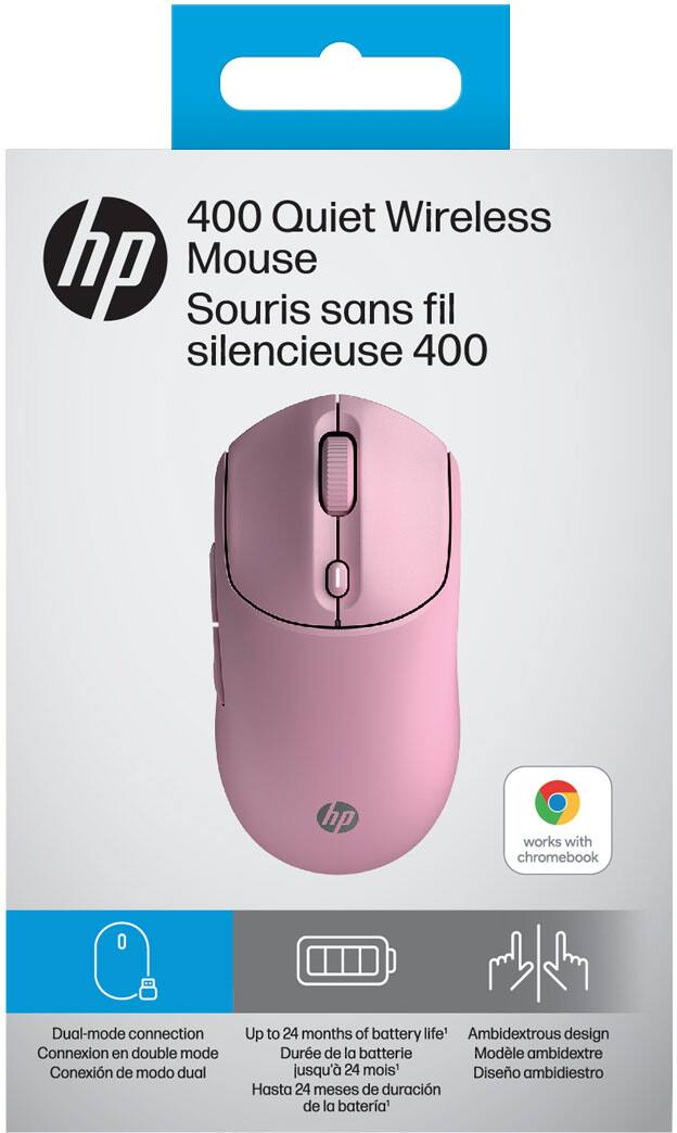 400 Quiet Wireless Mouse
Souris sans fil silencieuse 400
- Dual-mode connection
Connexion en double mode
Conexión de modo dual
- Up to 24 months of battery life
Durée de la batterie jusqu'à 24 mois
Hasta 24 meses de duración de la batería
- Ambidextrous design
Modèle ambidextre
Diseño ambidiestro
works with chromebook