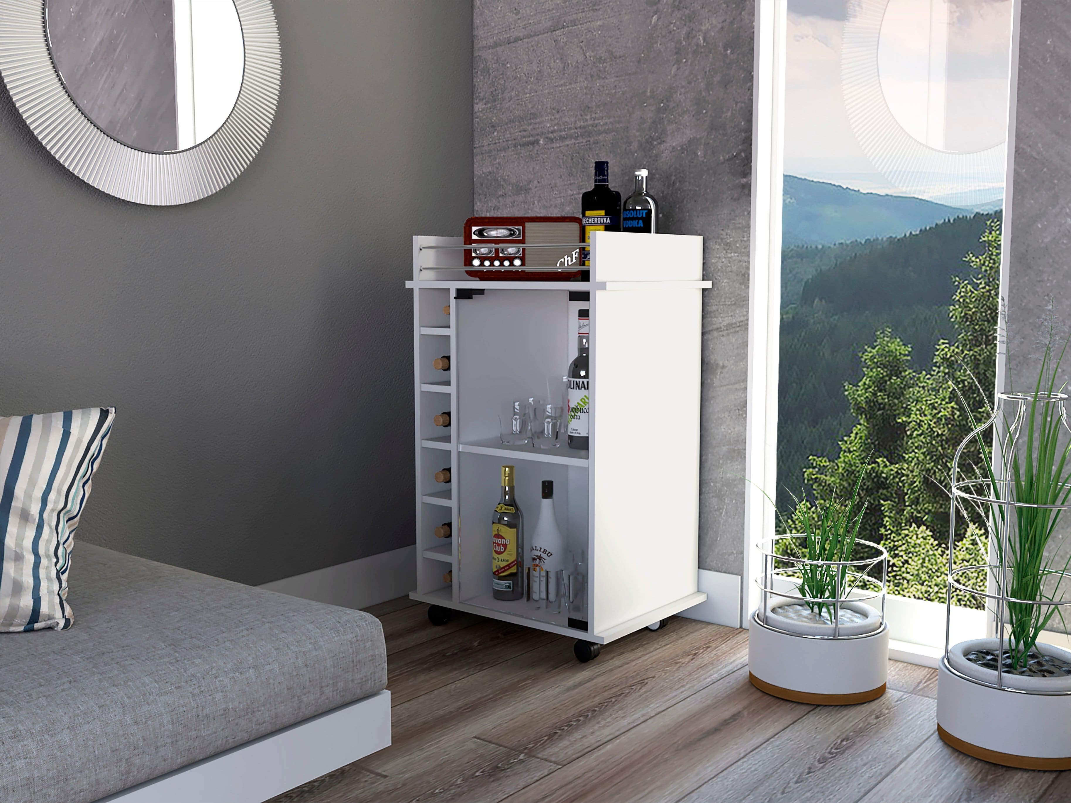 TinyHomie - Dukat Bar Cart Two Shelves Six Built-in Wine Rack Four Casters -White
