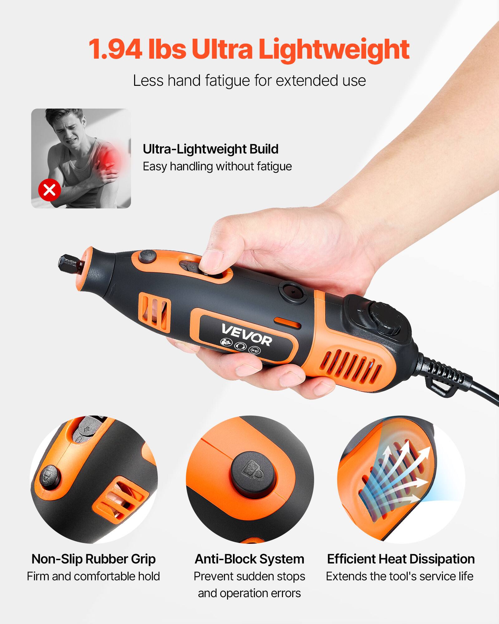 1.94 lbs Ultra Lightweight  
Less hand fatigue for extended use  

Ultra-Lightweight Build  
Easy handling without fatigue  

Non-Slip Rubber Grip  
Firm and comfortable hold  

Anti-Block System  
Prevent sudden stops and operation errors  

Efficient Heat Dissipation  
Extends the tool's service life