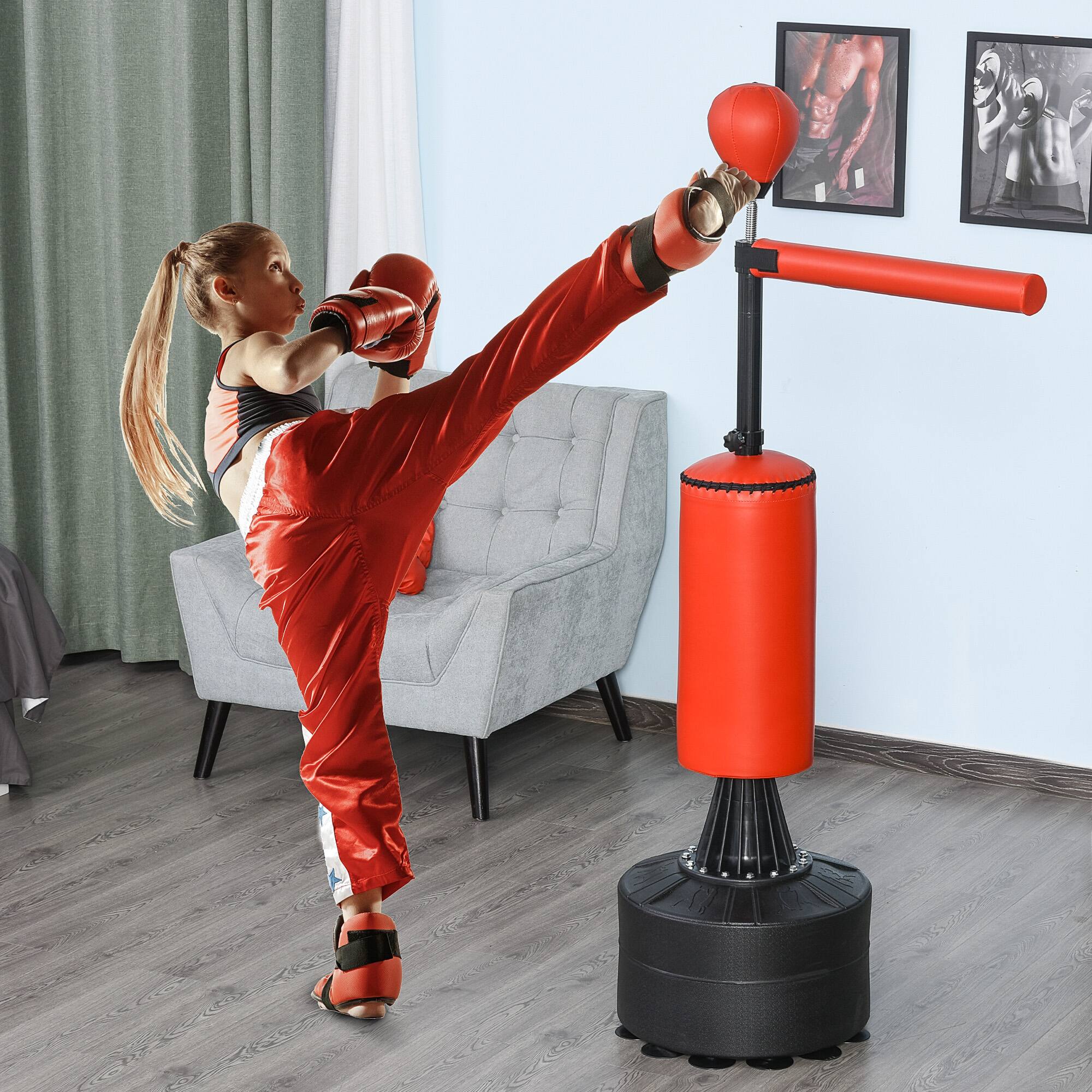Alt View 7. Soozier - Boxing Bag, Freestanding Punching Bag with Speed Ball, Rotating Boxing Bar and Gloves, Weighted Base - Black, Red.