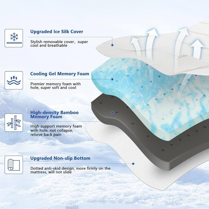 Upgraded Ice Silk Cover  
Stylish removable cover, super cool and breathable  

Cooling Gel Memory Foam  
Premier memory foam with hole, super soft and cool  

High-density Bamboo Memory Foam  
High support memory foam with hole, not collapse, relieve back pain  

Upgraded Non-slip Bottom  
Dotted anti-skid design, more firmly on the mattress, will not slide
