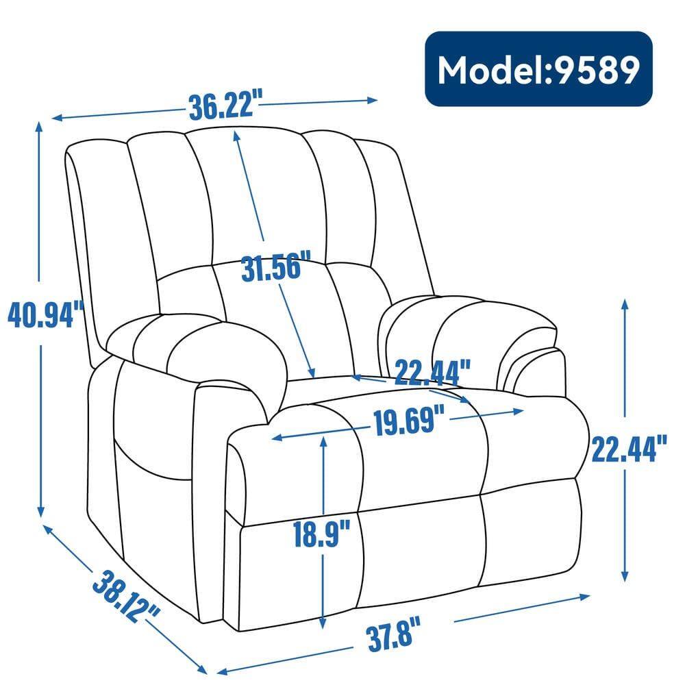 Model: 9589

- Width: 40.94"
- Depth: 38.12"
- Height: 36.22"
- Seat Height: 18.9"
- Seat Depth: 22.44"
- Arm Height: 31.56"
- Arm Width: 22.44"
- Back Height: 31.56"
- Back Width: 19.69"
- Overall Width: 37.8"