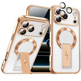 Dteck - Mag Safe Rugged Case for Apple iPhone 17 Pro Max with Foldable Stand & Built-in 9H Lens Protector Shockproof Clear Back - Gold