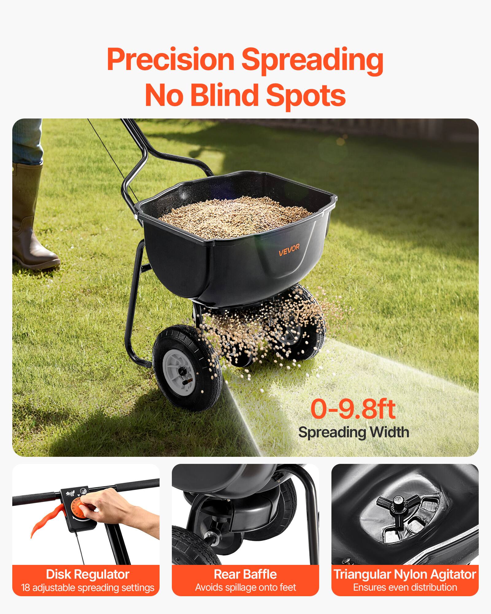 Precision Spreading No Blind Spots

VEVOR - 0-9.8ft Spreading Width

Disk Regulator - 18 adjustable spreading settings

Rear Baffle - Avoids spillage onto feet

Triangular Nylon Agitator - Ensures even distribution