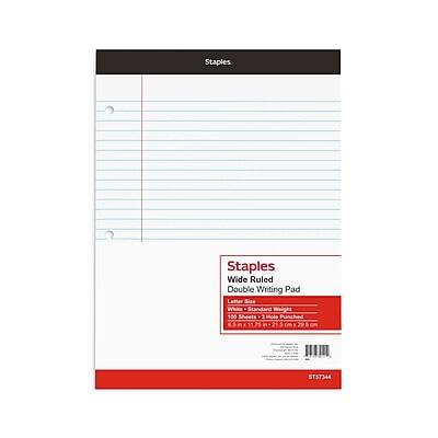 Staples  
Wide Ruled Double Writing Pad  
Letter Size  
White  
Standard Weight  
100 Sheets  
Mole Punched  
1 5  
STST344