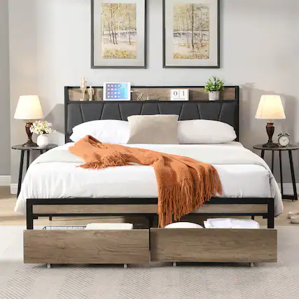 Front. Trinkets Crazed - Full Size Metal Platform Bed Frame with Storage Headboard and USB and Footboard with Drawers, No Box Spring Needed - Black.
