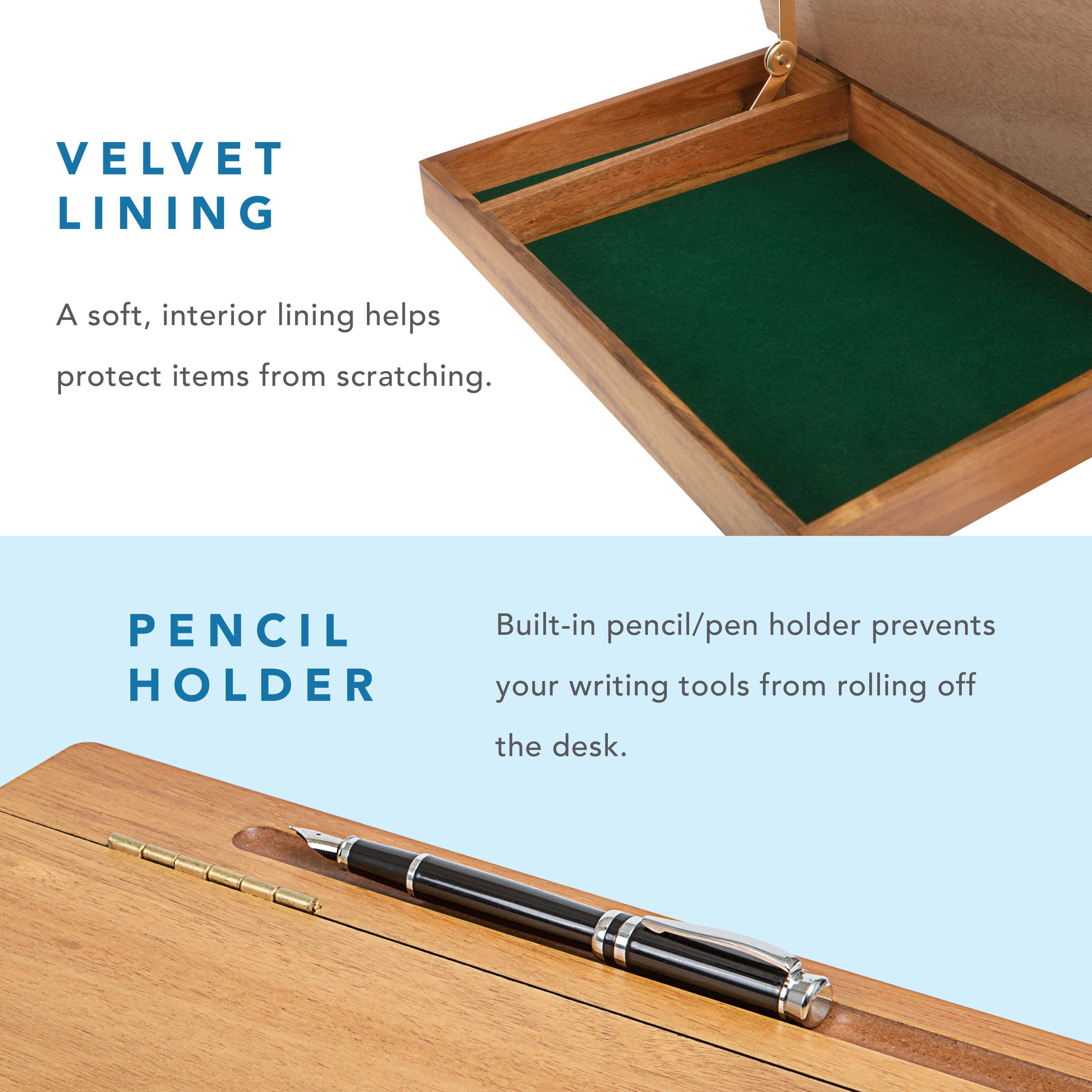 VELVET LINING  
A soft, interior lining helps protect items from scratching.  

PENCIL HOLDER  
Built-in pencil/pen holder prevents your writing tools from rolling off the desk.