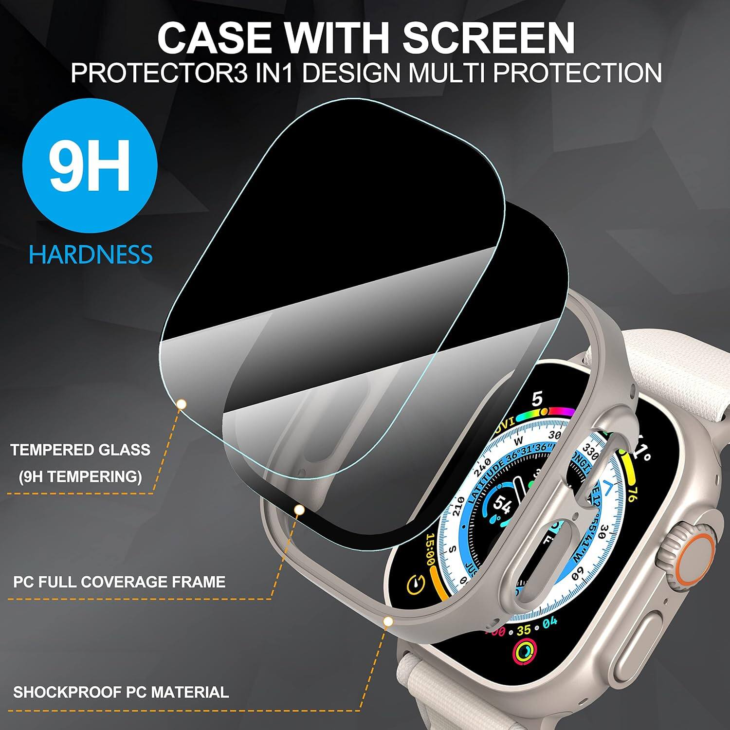 CASE WITH SCREEN PROTECTOR  
3 IN 1 DESIGN MULTI PROTECTION  
9H HARDNESS  
TEMPERED GLASS (9H TEMPERING)  
PC FULL COVERAGE FRAME  
SHOCKPROOF PC MATERIAL