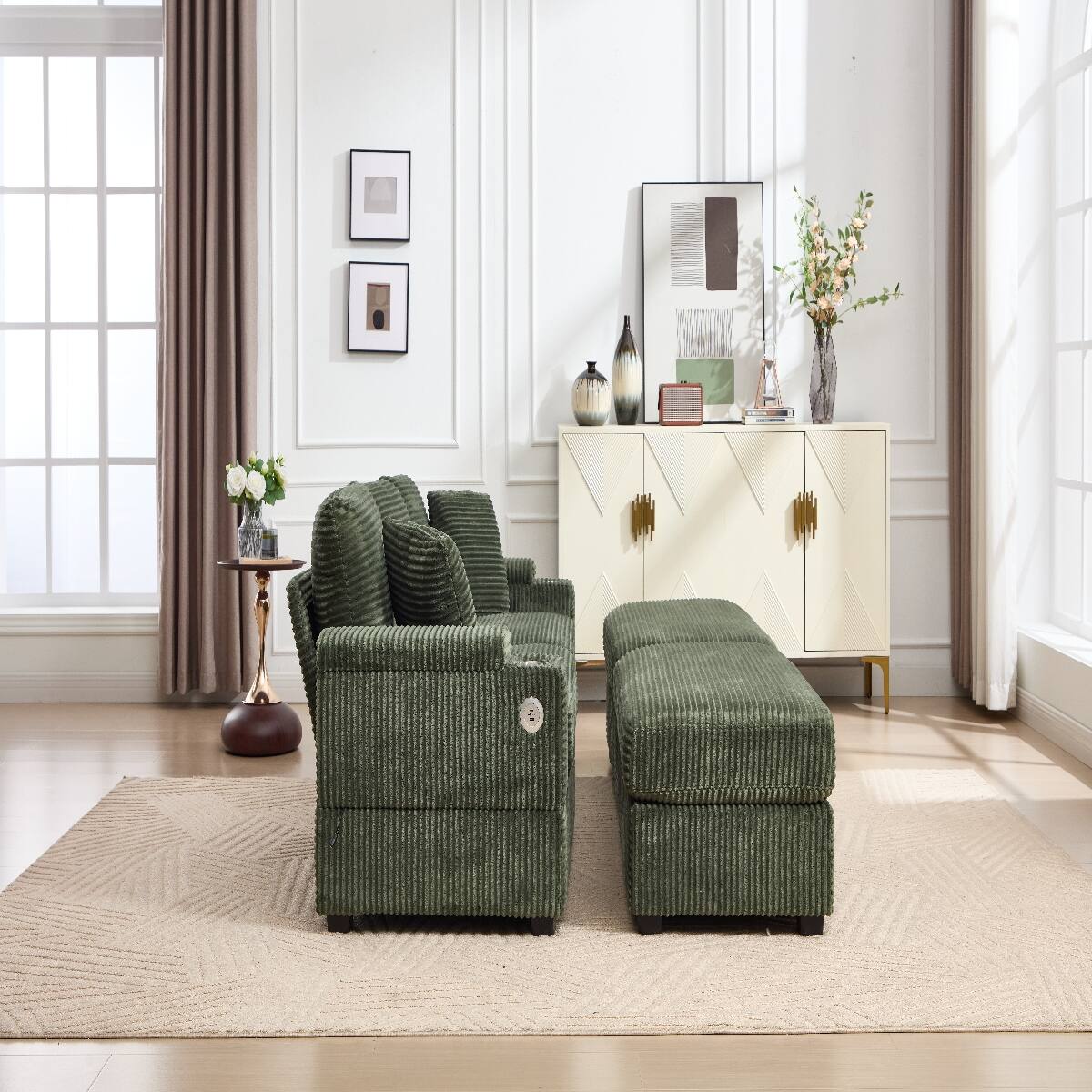 Alt View 2. Ropilly - Ropilly Modular Sectional Sofa, Deep Seat Convertible Sofa Bed, Green Corduroy Upholstered 4 Seat Couch - Green.