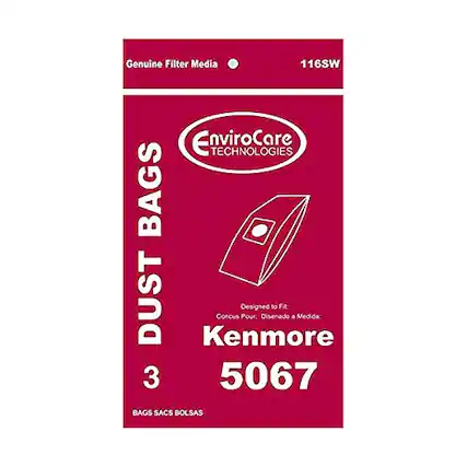 Genuine Filter Media
116SW
EnviroCare TECHNOLOGIES
DUST BAGS
3
Kenmore 5067
Designed to Fit:
Conçu Pour:
Disenado a Medida:
BAGS SACS BOLSAS