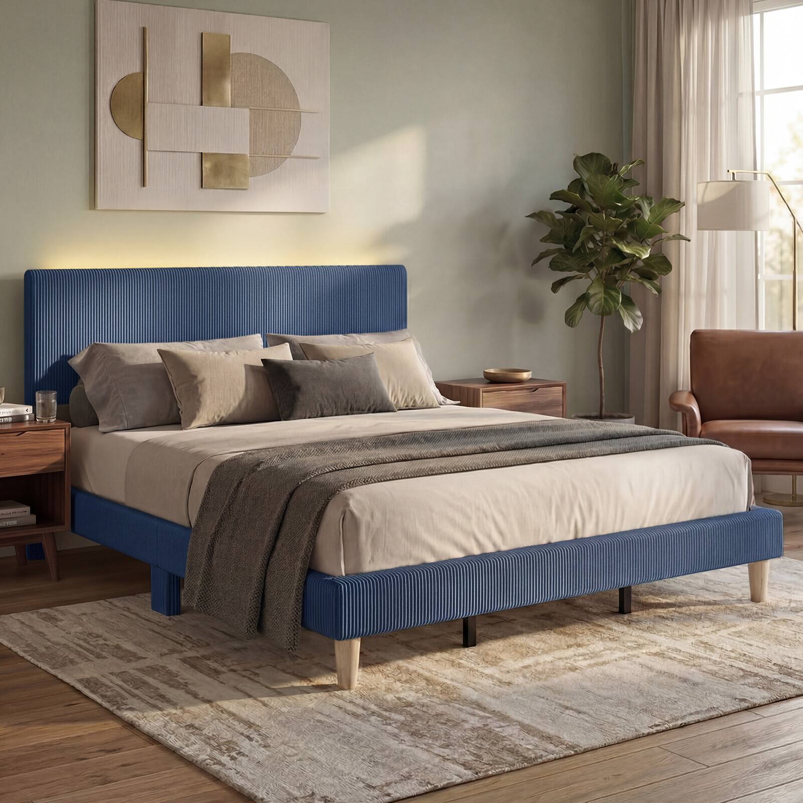 Left. Bestier - King Size Velvet Upholstered Platform Bed Frame with Storage Headboard LED Lights - Blue Stripe.