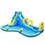 The image features a large inflatable slide, which is blue and yellow in color. The slide is designed to be a fun and exciting attraction for children and adults alike. The slide has a variety of different features, including a tunnel and a wave pool, making it a unique and enjoyable experience for those who use it. The slide is set up on a grassy area, providing a safe and comfortable surface for people to play on.