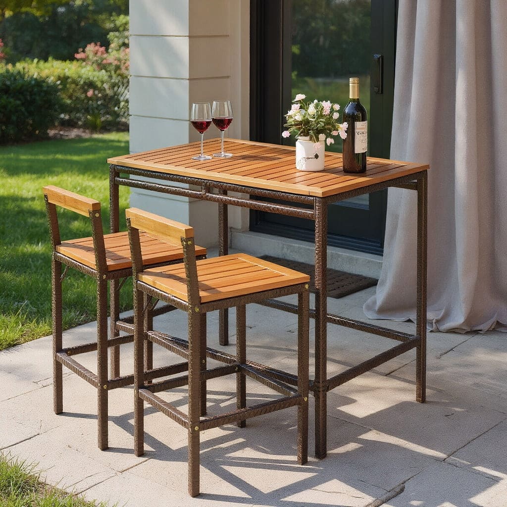 Kadyn - 3 Pieces Patio Rattan Wicker Bar Dining Furniture Set, Outdoor Dining Chair for Outside Patio, All Weather, Porch - Brown