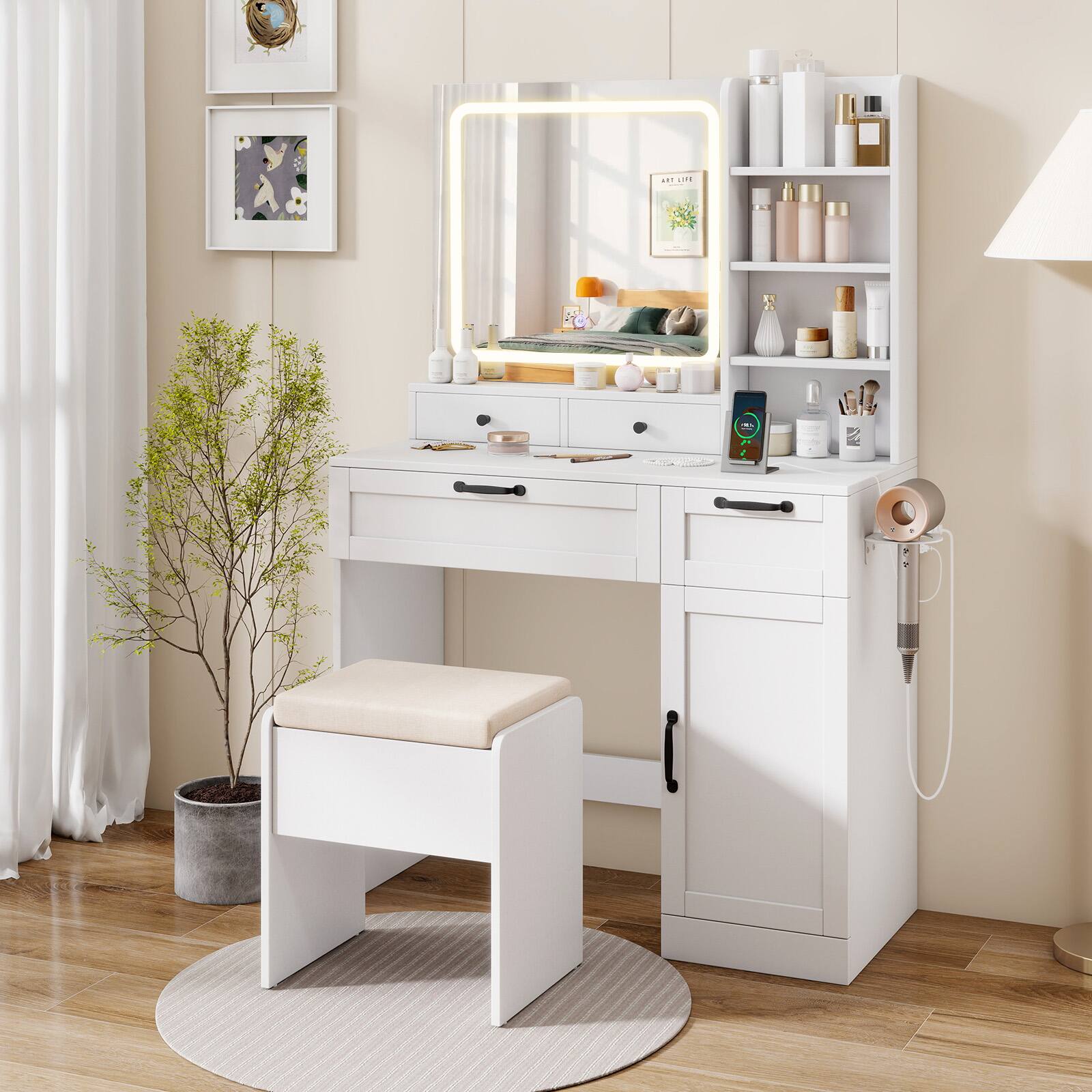 Alt View 4. Gymax - Gymax Vanity Set w/Cushioned Stool Makeup Table w/Adjustable Lighting Mode Brightness - White.