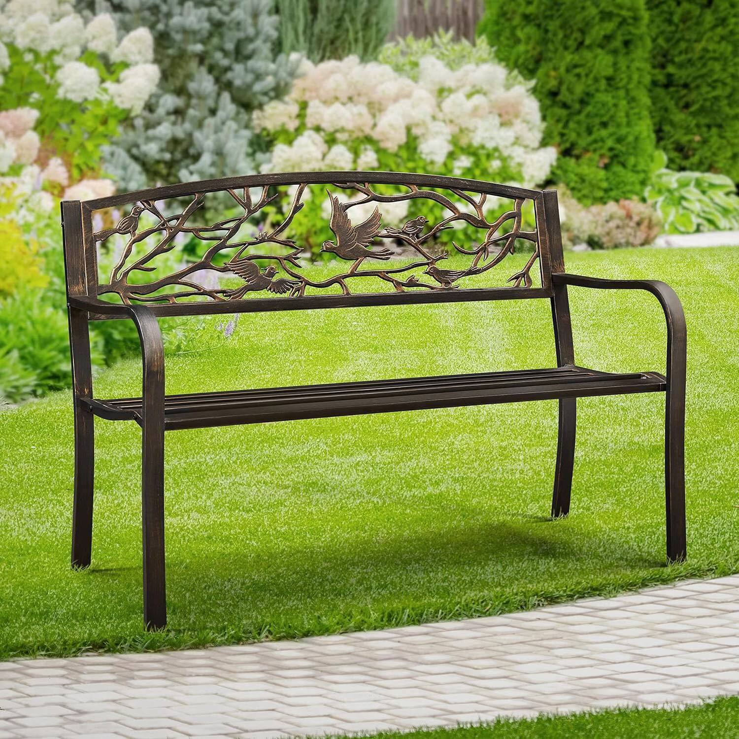 Angle. Hivvago - Outdoor Cast Iron Garden Bench in Bronze Metal Finish with Bird Pattern Backrest - Bronze.
