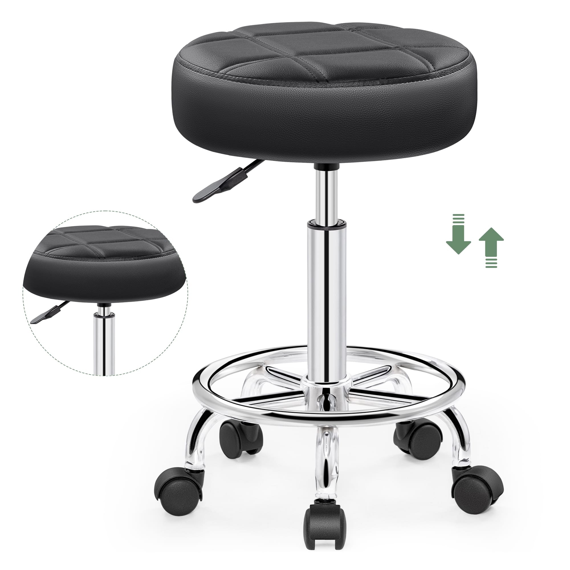 Brick Attic - Rolling Stool with Wheels,PU Leather Small Office Chair with Foot Rest,Versatile Adjustable Swivel Stool for Office Home - Black