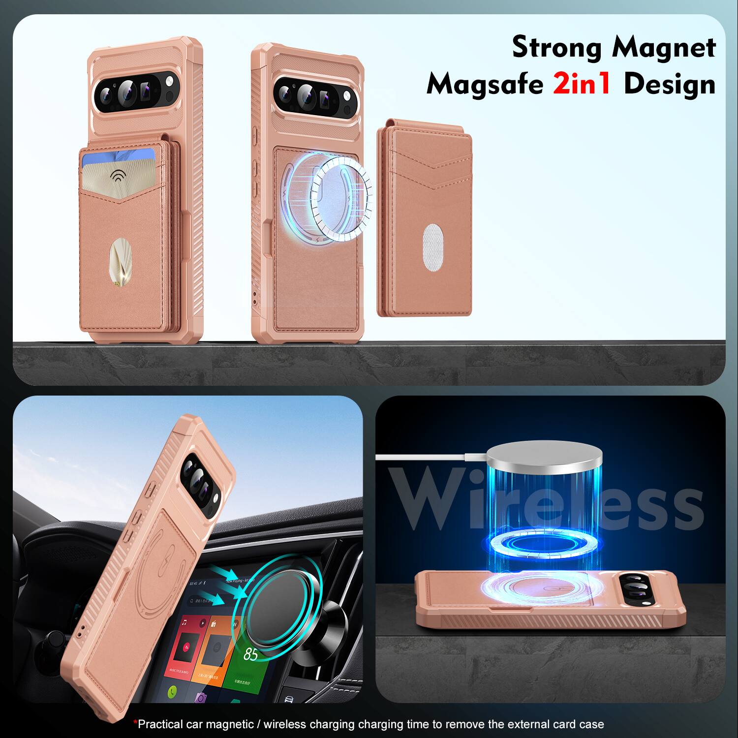Strong Magnet Magsafe 2in1 Design

Practical car magnetic / wireless charging charging time to remove the external card case