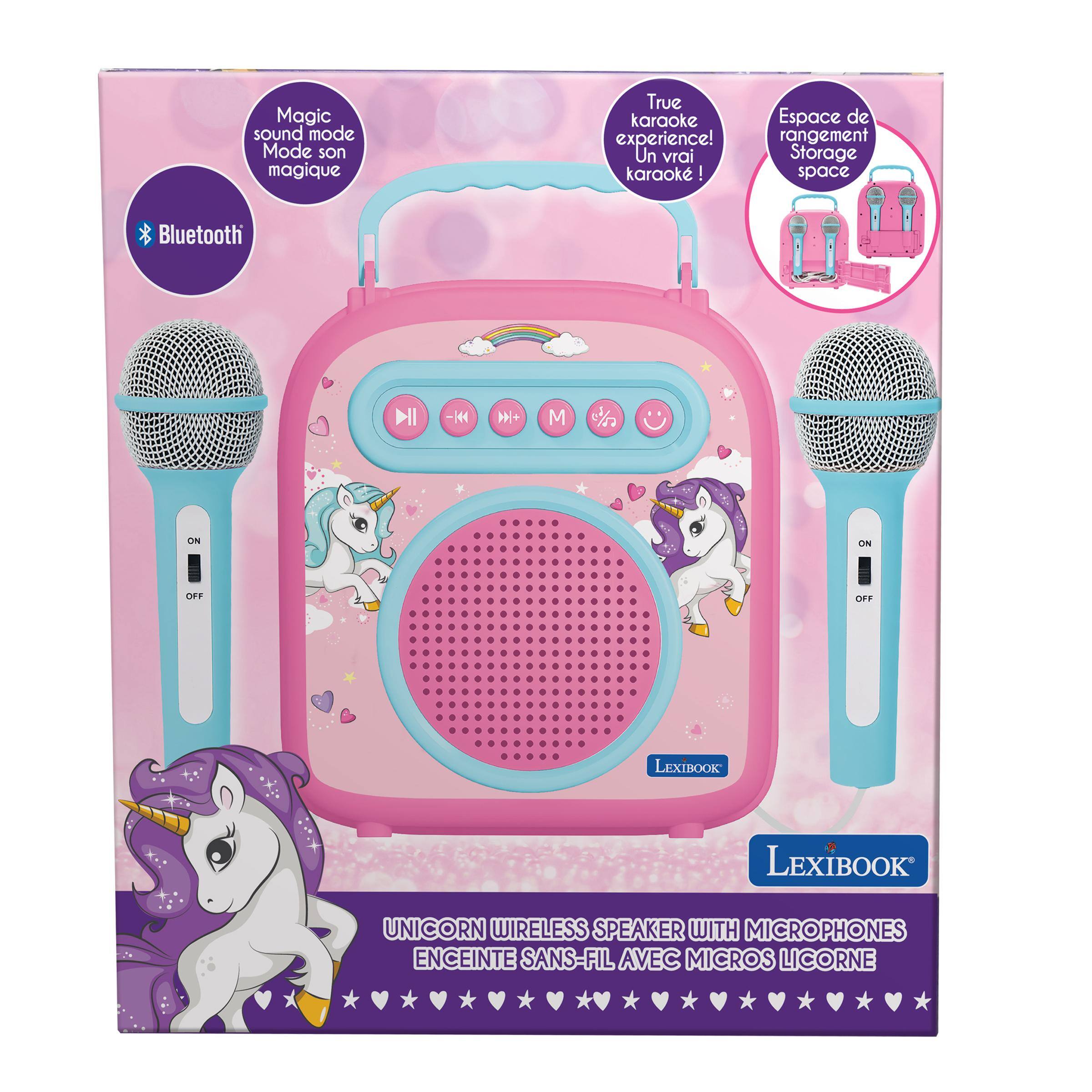 Magic sound mode  
Mode son magique

True karaoke experience!  
Un vrai karaok!

Espace de rangement  
Storage space

Bluetooth

ON  
OFF

LEXIBOOK

UNICORN WIRELESS SPEAKER WITH MICROPHONES  
ENCEINTE SANS-FIL AVEC MICROS LICORNE