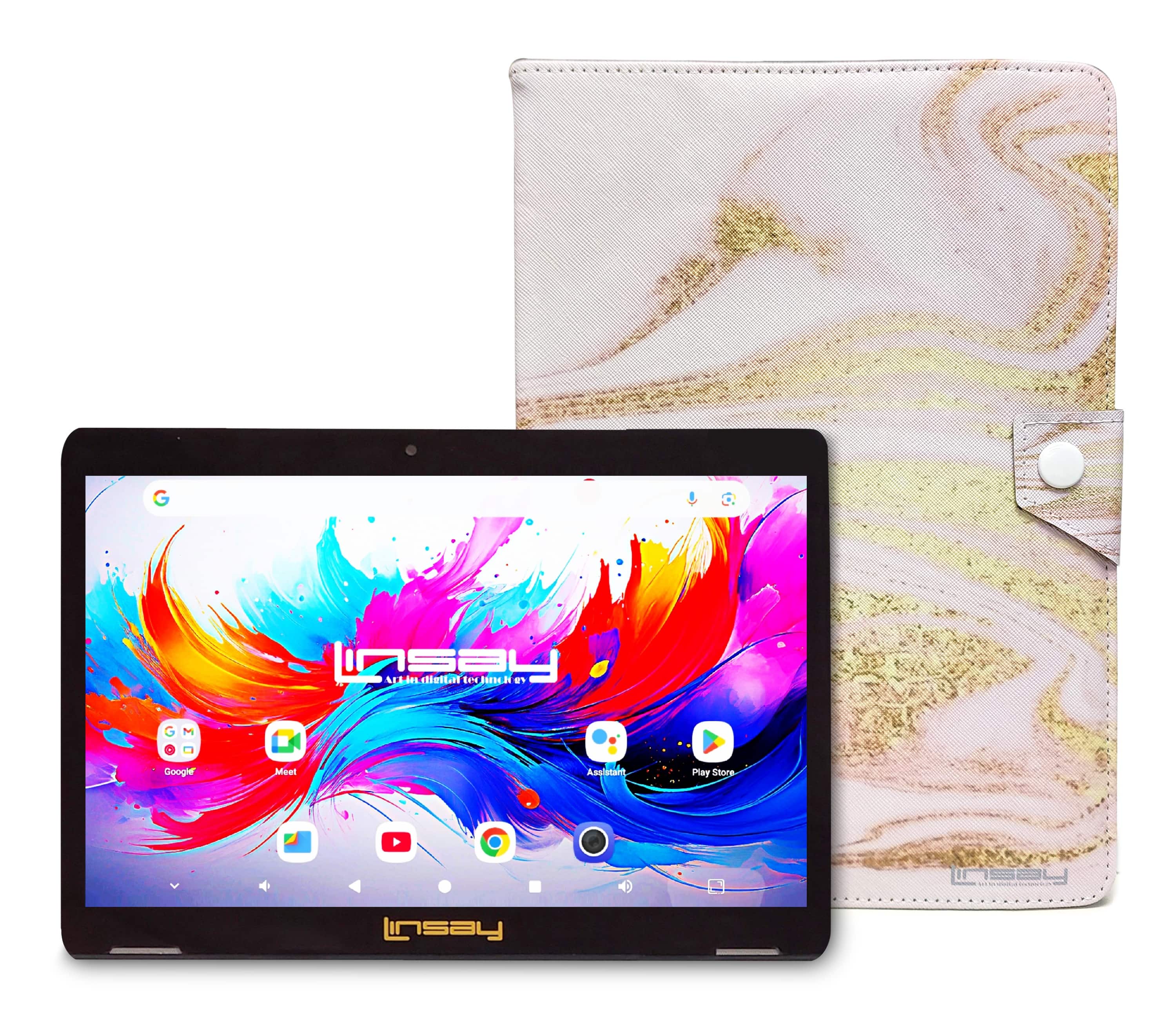 LINSAY - 10.1"Octa Core 256GB Storage Android 15 Tablet with Glaze Marble Case - Pink