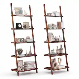 Costway - 2PCS 5-Tier Ladder Shelf Wall-Leaning Bookshelf Display Bookcase Storage Rack - Walnut