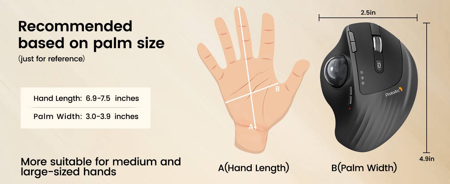 Recommended based on palm size (just for reference)

Hand Length: 6.9-7.5 inches

Palm Width: 3.0-3.9 inches

More suitable for medium and large-sized hands

A(Hand Length) B(Palm Width)

2.5in

4.9in