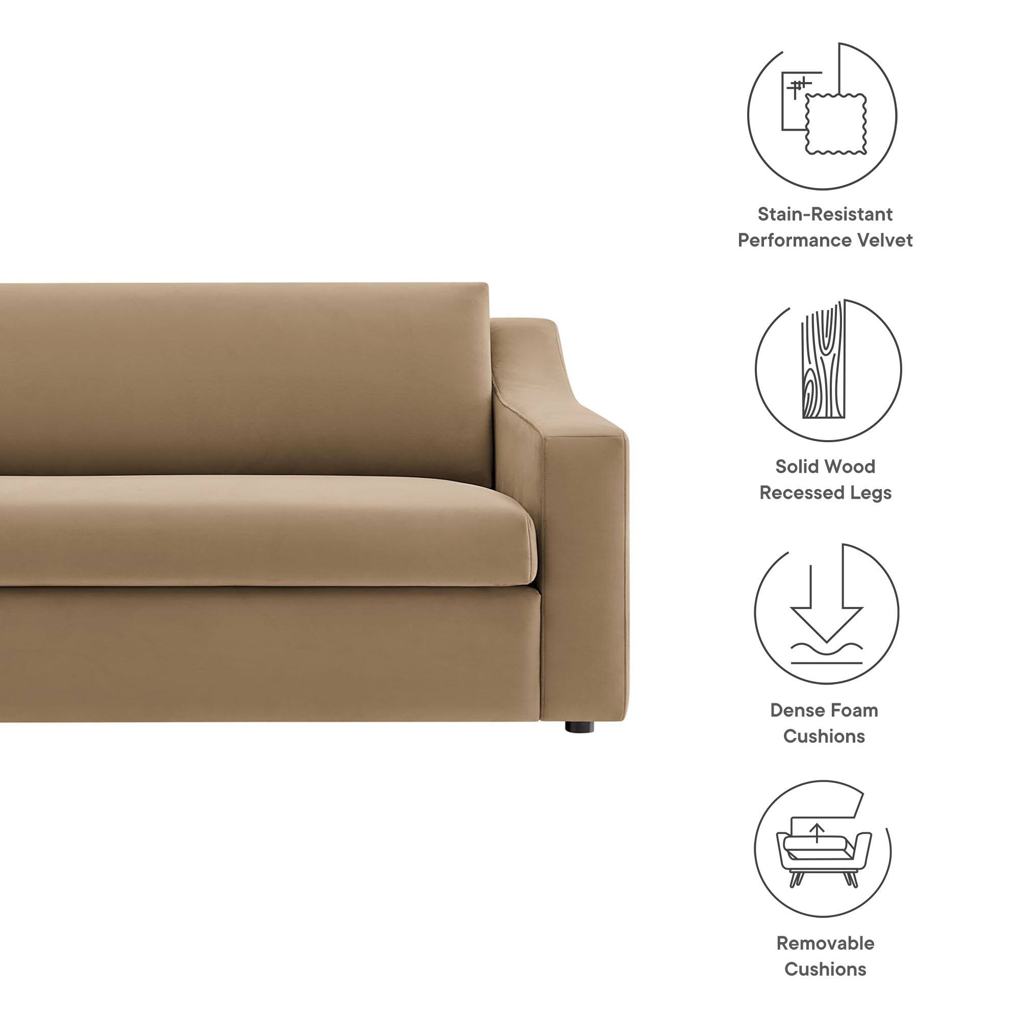 - Stain-Resistant Performance Velvet
- Solid Wood Recessed Legs
- Dense Foam Cushions
- Removable Cushions