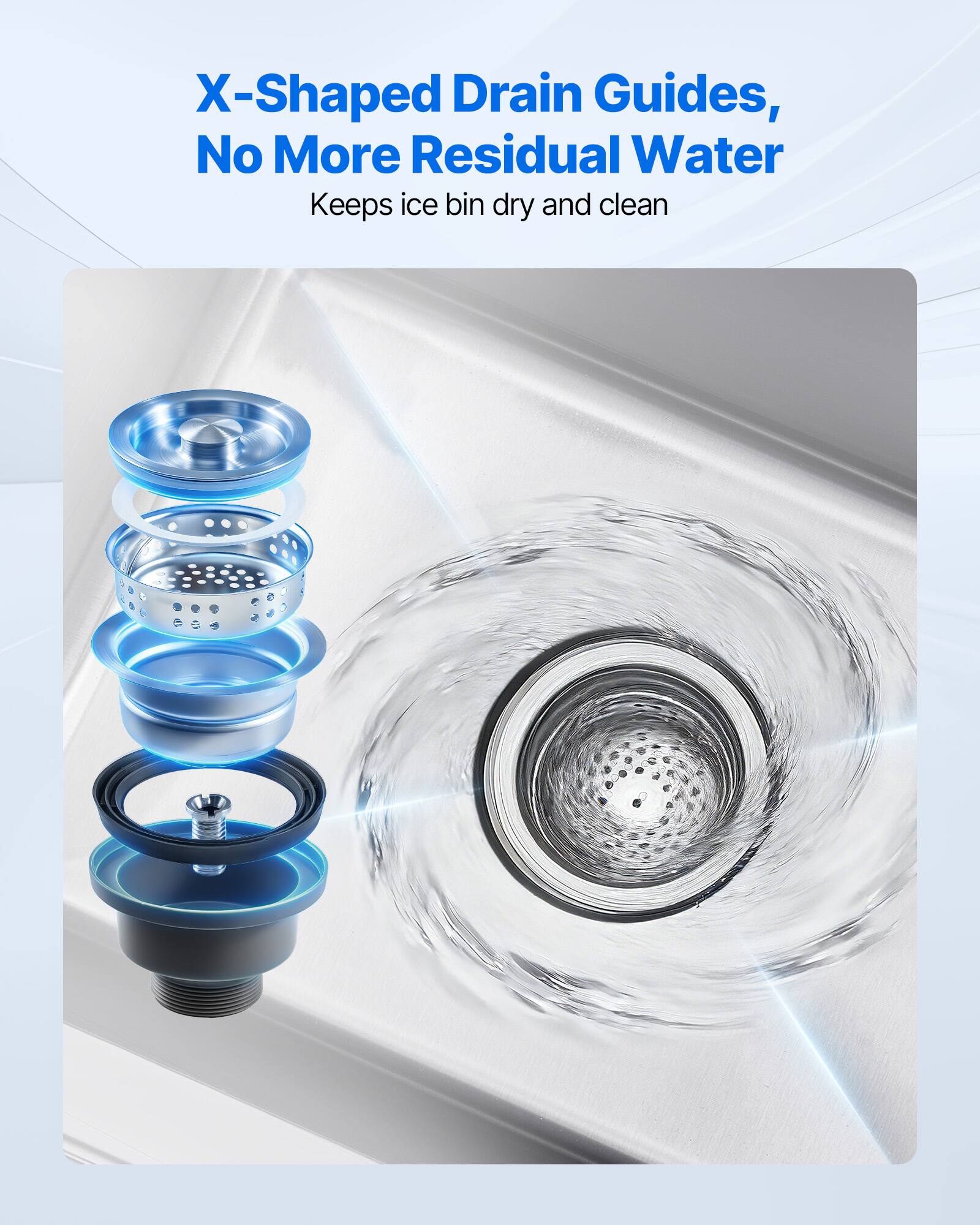 X-Shaped Drain Guides, No More Residual Water  
Keeps ice bin dry and clean